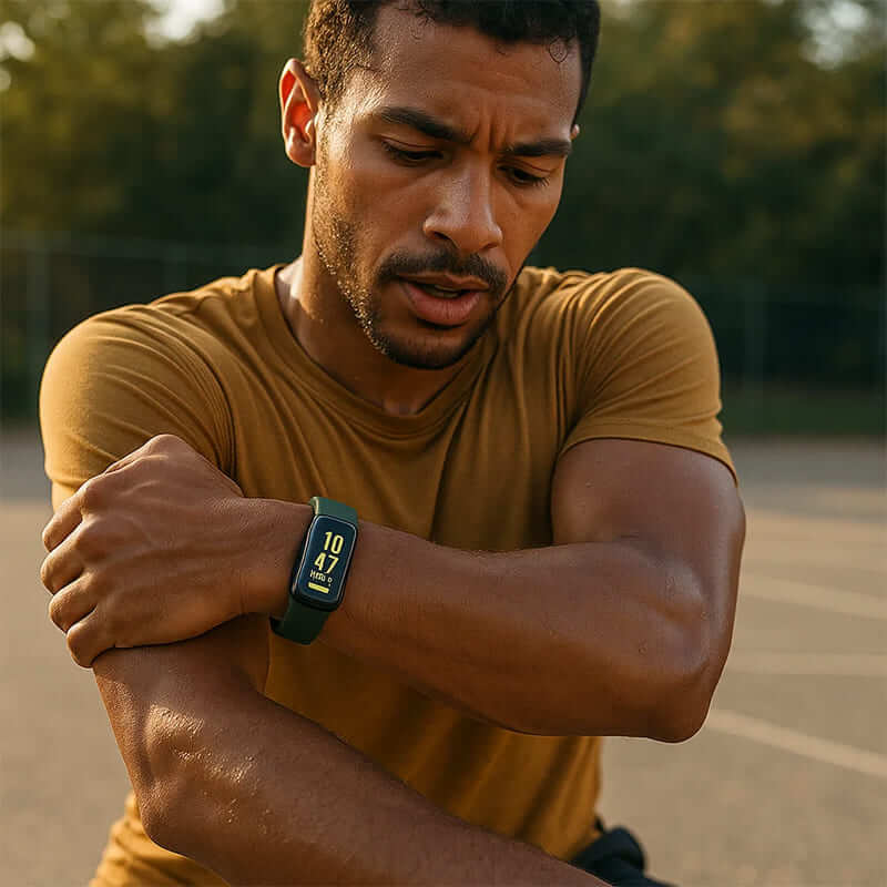 Mann trägt Medivita VitalBand Fitness-Tracker während des Trainings im Freien.